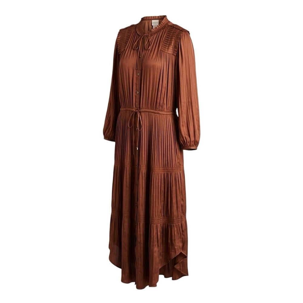 Chico's Pleated Maxi Dress 2.5 L 14 Copper Satin Rust Boho Quiet Luxury Romantic
